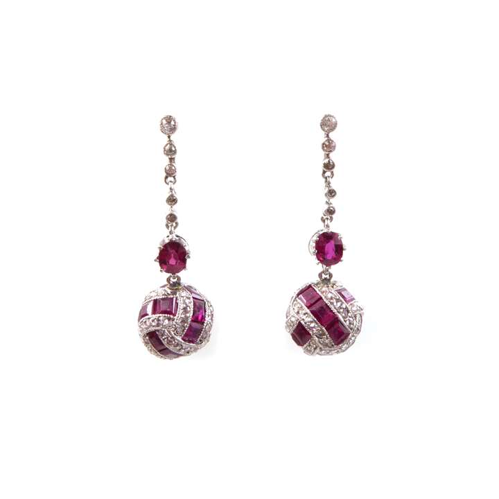 Pair of ruby and diamond ball pendant earrings